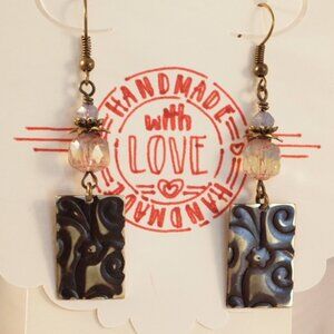 Brass Hand Embossed Earrings Czech Glass Earrings Hand Patina Brass Earrings